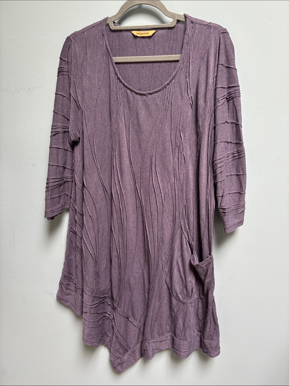 Windhorse Lagenlook Crinkle Tunic Top Mauve Purple Asymmetrical Hem Pocket Boho